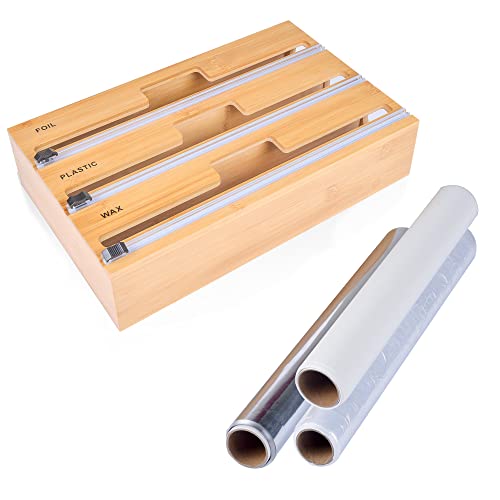 Wrap Dispenser With Cutter, 3 In 1 Food Dispensers, Plastic Wrap, Parchment Paper, Aluminum Foil And Wax Paper Dispenser For Kitchen, Bamboo Roll Organization Storage Holder, Compatible With 12" Roll #TOP3
