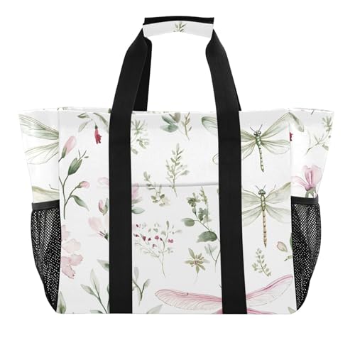 Sac de plage imperméable femme grand format en toile imprimée libellules aquarelle