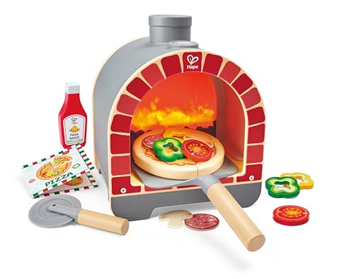 Hape Pizza Oven with Realistic Firewood Effect and Matching Sounds - Role Play Cooking Set with Dough, Toppings, Pizza Cutter, Educational Toy, from 3 Years
