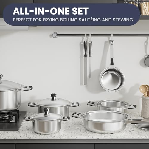 Foto de Juego de utensilios de cocina de acero inoxidable, 12 piezas antiadherentes de acero inoxidable, base D5 capas para calefacción uniforme, apto para lavavajillas, tapas de vidrio ventiladas (imagen 3)