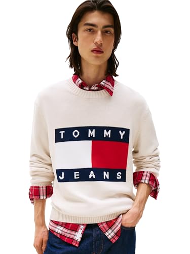 Tommy Jeans Mens Regular Melange Flag Sweater, Ancient White Heather X-Large