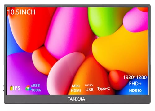 TANXJIA 10.5' Portable Monitor, FHD 1920×1280 IPS Display, Dual USB-C Ports, Ultra-Slim 420 nits 100% sRGB Second Screen for Laptop, MacBook, Switch & PS5