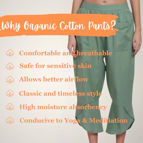 Image of Organic Cotton Yoga Pants with Loose Fit, Elasticated Waistband, Front Pockets, and Breathable Stretch for Women & Girls- Green (Bael)