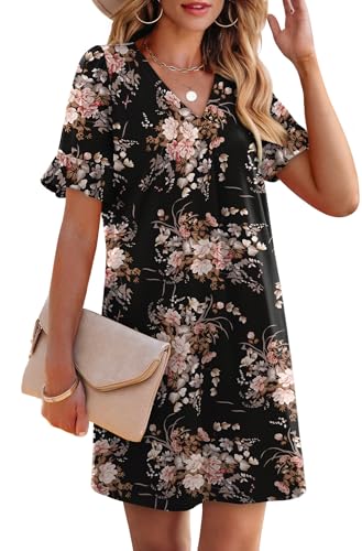 Image of OFEEFAN Summer Dresses for Women Ruffle Short Sleeve V Neck Casual Shift Dress with Pockets