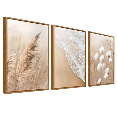 Lot de 3 Plage en Bord de Mer Tableau Encadrée Poster Mural Herbe de la Pampa Roseau Pissenlit Peinture Impression sur Toile Tableau Decoration Murale Salon...