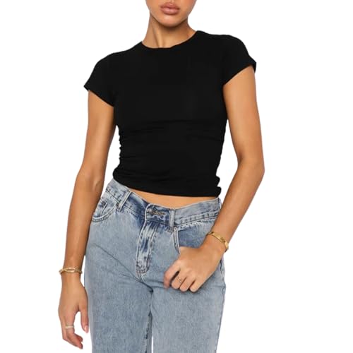 OOHOKAY Damen Basic T-Shirt Klassischer Schnitt Sommer Tee Shirts Kurzarm Crop Tops Y2K Slim Fit Oberteile Einfarbiges Elegant Tshirt