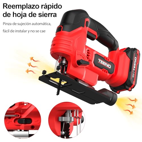 Miniatura 3 de Teeno Sierra De Calar Para Batería Makita De 20v 2x2.0ah, 800-3000 Spm Caladoras Para Madera Con Láser Con 5 Cuchillas, Corte 45 , 6 Velocidades,Led, Cortar Metal, Madera, Plástico