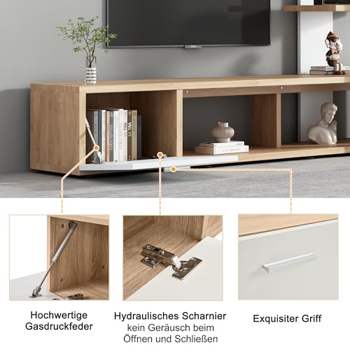 Meuble TV Mural 180 cm Blanc & Bois + 3 Étagères BTM