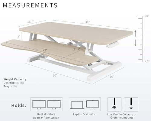 Image of VIVO 42 inch Desk Converter, K Series, Height Adjustable Sit to Stand Riser, Dual Monitor and Laptop Workstation with Wide Keyboard Tray, Light Wood Top, White Frame, DESK-V042KF