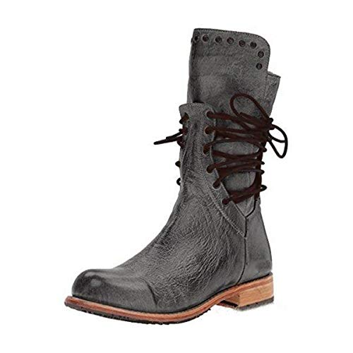 JITUUE Mid Calf Boots for Women Autumn Winter Fashion Block Low Heel Lace up Combat Riding Shoes High Booties Zipper Side Boots