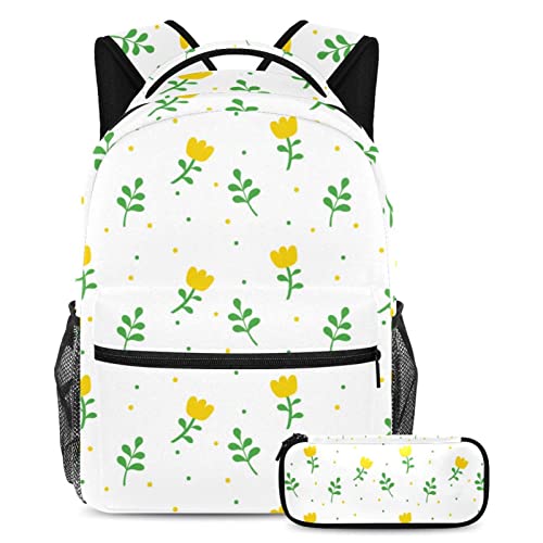 Sac à dos fleurs jaunes avec trousse scolaire et bretelles rembourrées