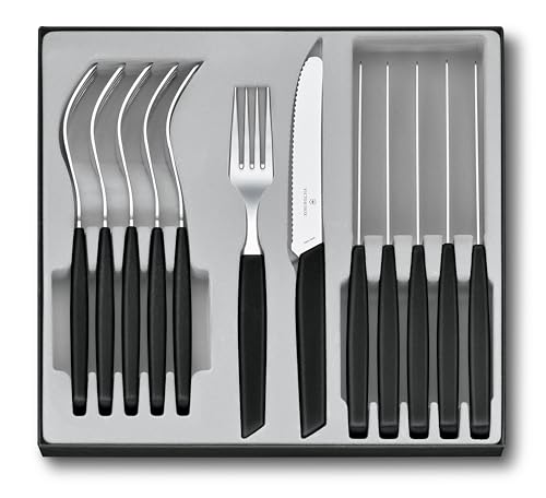 Victorinox Swiss Modern Besteck-Set für 6 Personen, 12-teilig, inkl. scharfe Messer mit Wellenschliff, Kunststoffgriffe, Schwarz