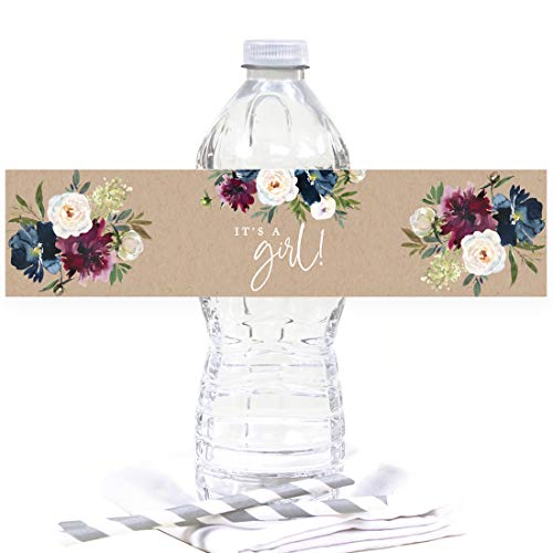 Andaz Press Kraft Brown with Burgundy Midnight Blue Florals Fall Baby Shower Party Collection, Water Bottle Label Stickers, It's a Girl!, Floral Bouquet Graphic Design, 20-Pack