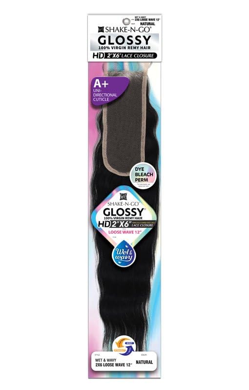 Shake-N-Go Virgin Remy Hair HD Lace Closure Glossy Wet N Wavy 2X6 Loose Wave 12" (Color: NATURAL BLACK)