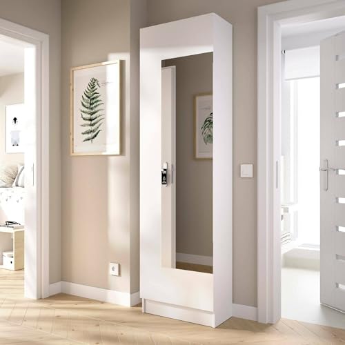 Dmora Scarpiera Zevola, Portascarpe salvaspazio da Ingresso, Mobiletto portascarpe a 1 Anta a Specchio, 50x27h186 cm, Bianco