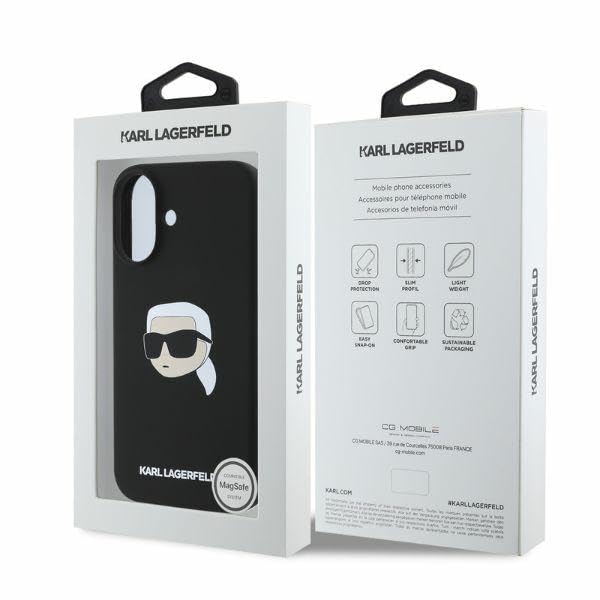 Coque iPhone 16 Karl Lagerfeld en silicone noir rigide protégeant le smartphone avec style. - 5