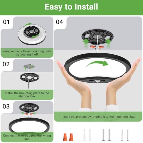 zemty 2Pack 12inch Motion Sensor Ceiling Lights Wired, 24W 2400lm 3CCT/3 Mode/30-120s Timer, Bright Black LED Flush Mount Light Fixture Motion Activated for Closet Pantry Hallways Stairwells Garage by zemty - Image 6
