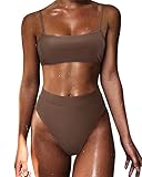 MOSHENGQI Women High Waisted High Cut Bikini Push Up Bandeau Swimsuits (M, Cocoa Brown)