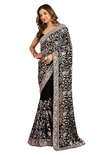Image of TRENDMALLS Women's Georgette Multi Colour Resham Thread Embroidery with Siroski work Saree with Unstitched Blouse Piece