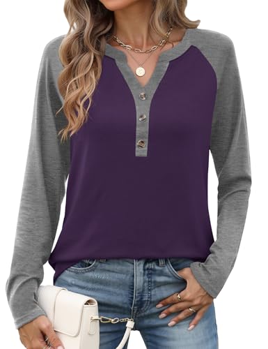 EFFAN Womens Long Sleeve Tops V Neck Casual Shirts Loose Basic Solid Color Soft Cotton Button Blouse Purple