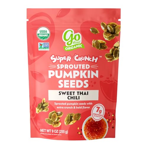 Image of Go Raw Organic Sprouted Pumpkin Super Crunch Seeds - Sweet Thai Chili Snack | Pepitas, Keto, Non-GMO, Gluten-Free, Kosher, Paleo, Protein-Packed Superfood, Healthy Snack for Adults and Kids, 9oz Bag