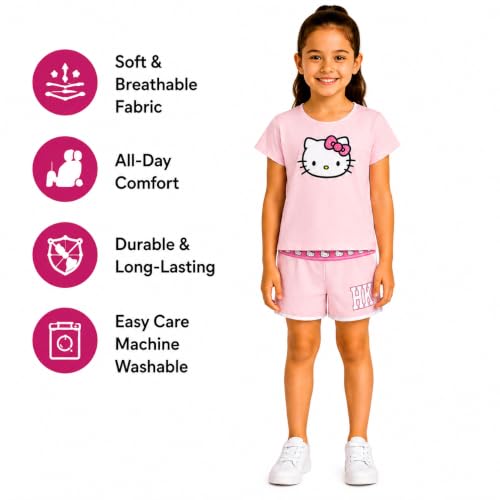 Image of Hello Kitty Girls Short Set - 2 Piece Short Sleeve Graphic Tee and Shorts Clothing Outfits (Sizes: 2T-12)