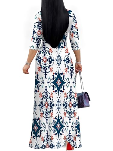 Image of PinkPatty Plus Size Maxi Dress for Women Casual V Neck 3 /4 Sleeve Boho Printed Long Dress with Pockets