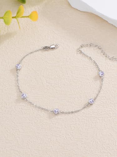 Image of Dorunmo Heart Birthstone Bracelets 925 Sterling Silver Round Birthstone Anklet for Women Birthday Jewelry Gifts for Girlfriend Wife Mother Her