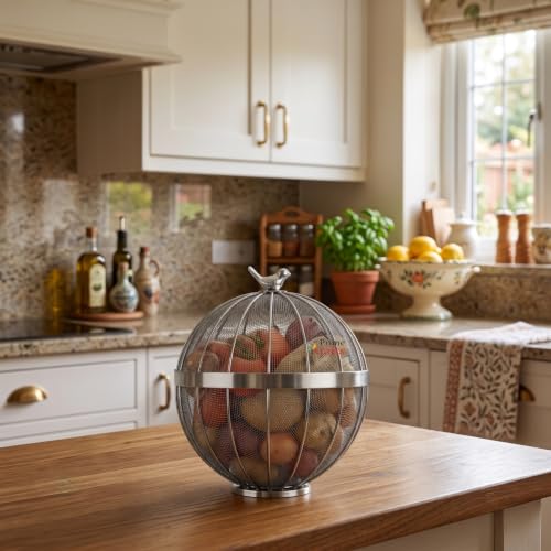 Image of Premium Fruit Basket for Kitchen, Dining Table | Trending Bird Design Fruit Basket with Lid | Decorative Bulbul Basket for Fruits, Vegetables and Snacks - Silver