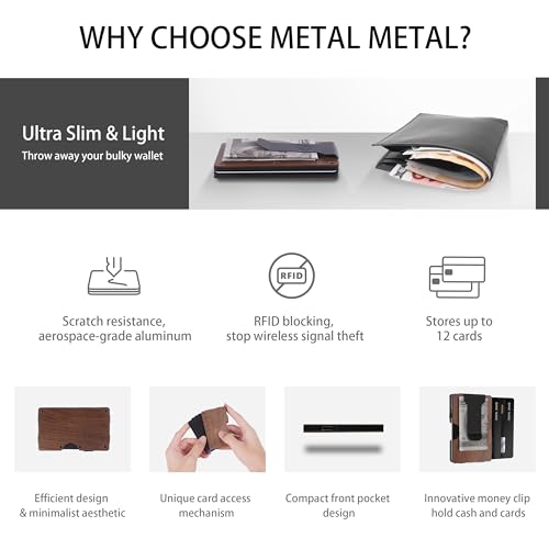 Minimalist Metal Wallet for Men - Slim RFID BLOCKING Wallets with Removable Money Clip - Mens Front Pocket Aluminum Small Credit Card Holder - Walnut Wood2