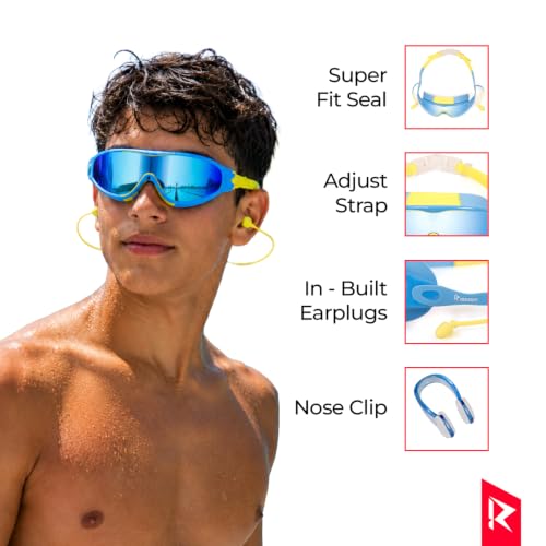 Image of ROVARS Electroplated Swimming Goggles for Kids with Nose & Ear Plugs, Leakproff Full Frame with Adjustable Strap, Anti Fog and UV Protection for Boys & Girls (2100 Blue, Above 6 Years)