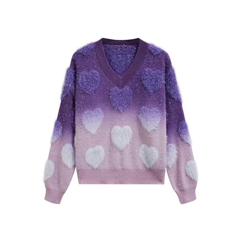 CHICWISH Women Cute Ombre Fuzzy Heart Valentines Knit Sweater V