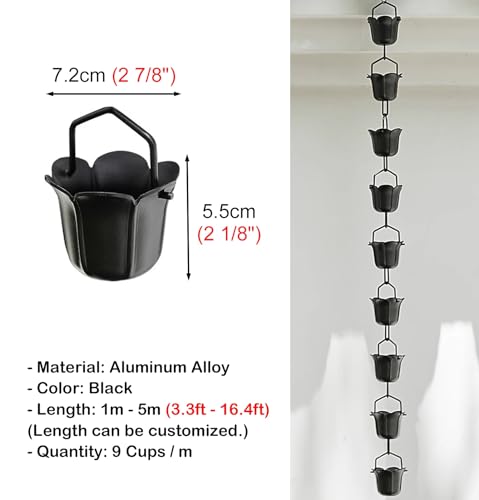Extensor de cadena de lluvia de metal negro con tazas de diseño 7