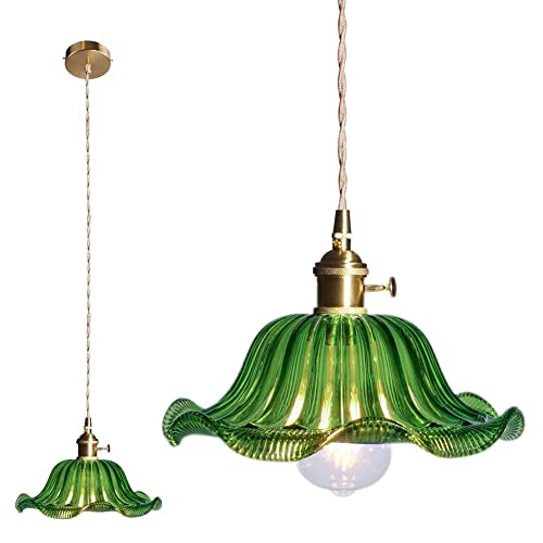 WLBHWL Cottage Suspension Suspension Avec Abat-Jour En Verre Vert Lustres Plafonnier Finition Cuivre Réglable Hauteur Fleur Lampe Pour Cuisine Îlot Salle À Manger Lumière