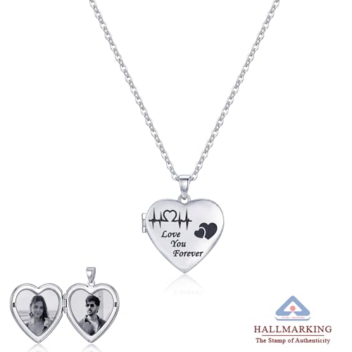 Image of TRUESILVER ACPL 925 Sterling Silver Personalized Photo Necklace for Women | Custom Couple Heart Pendant with Name Date & Birthstone | Engraved Picture Necklace Gift for Wife Mother Anniversary Birthday