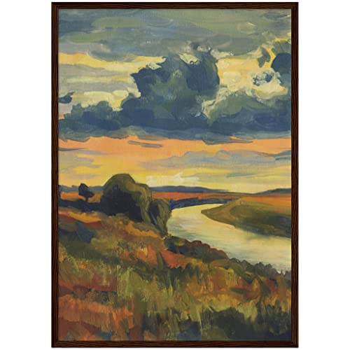 Décoration murale paysage champ marron cadre bois foncé tableau salon 50x70 cm
