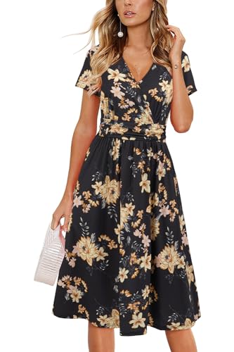 Image of Newshows Women's Pockets Wrap V Neck Floral Summer Vacation Casual Sundress | Wrinkle Free, Stretchy, Summer Beach Floral Sundress 2026, Casual Dress for Vacation, Guaduation, Side Pockets, A-line