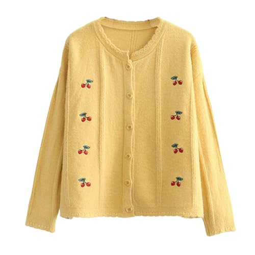 Xunger Women's Cherry Embroidery Knit Cardigan Soft Lightweight Long Sleeve Sweater Coat Cute Loose-Fit Round Neck Blouse