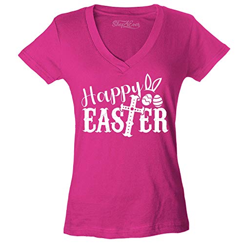 T-shirt col en V femme Happy Easter rose L cadeau chrétien de Pâques