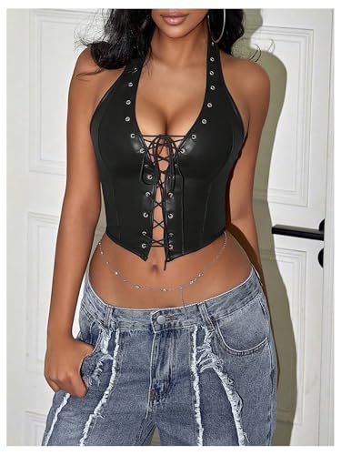 Image of WDIRARA Women's Punk PU Leather Halter Top Grommet Eyelet Tie Front Corset Crop Top