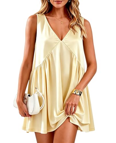 Image of Womens Babydoll Dress Summer Sleeveless Mini Dress Casual Loose V Neck Swing Flowy Beach Sundresses with Pockets