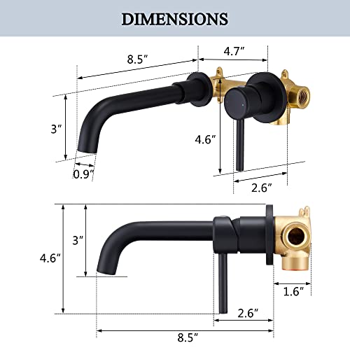 Yardmonet Wall Mount Bathroom Faucet Matte Black, Single Handle Wall Mounted Bathroom Sink Faucet, 360° Swivel Solid Brass Long Spout, Rough-In Valve Included #TOP5
