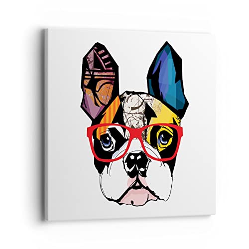 Moderne Impression sur Toile 40x40cm Image Tableau Decoration Murale Chien Lunettes de vue coloré bouledogue Tableaux Decoratifs Muraux Chambre Carré Deco Cadre...