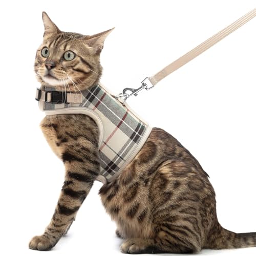 PUPTECK Soft Mesh Cat Vest Harness and Leash Set Puppy Padded Pet Harnesses Escape Proof for Cats Small Dogs Rabbits Bunny, Plaid Beige, L