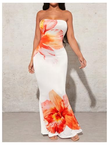 Image of Milumia Women's Boho Floral Maxi Dress Strapless Bodycon Summer Hawaiian Long Dresses with Scarf
