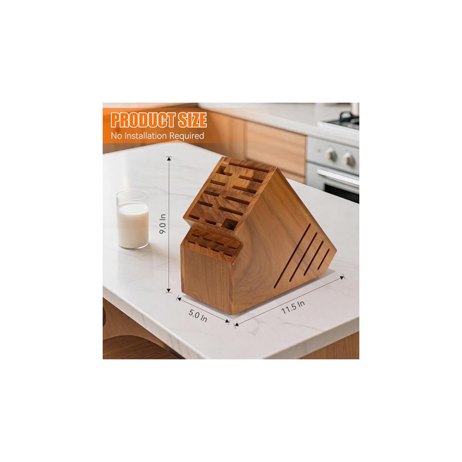Teak Wood Knife Block Holder without Knives, 20 Slot Large Universal Wooden Knife Block Organizer with Wide Slots and Secure Stand, Countertop Butcher Block for Kitchen Storage
