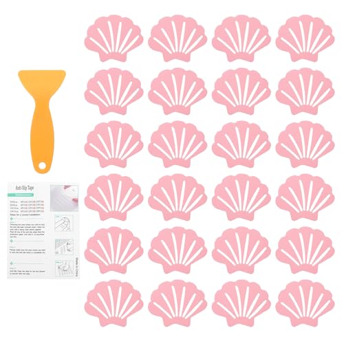 uxcell 24Pcs Non-Slip Bathtub Stickers, 9x7 cm Shell Shape Shower Floor Non Slip Stickers with Scraper for Bathroom Shower Stairs Ladders, Pink