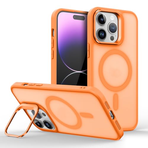 Coque iPhone 15 support métal orange mat translucide