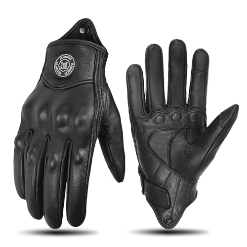 mjmoto Guantes de cuero de motocicleta retro negros, transpirables, para pantalla táctil, para motociclistas, guantes clásicos vintage de motocicleta (negro, sin agujeros, L)