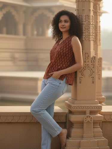 Image of Varanga Women Buti Printed Cotton Top | Sleeveless V-Neck | Bohemian Style | Lightweight & Breathable | Effortless Everyday Casual Wear